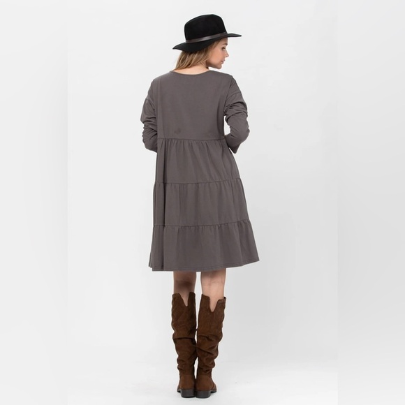 Roly Poly Women’s Gray Long Sleeve 3 Tiered Cotton Mini Dress Size Small - Picture 2 of 8
